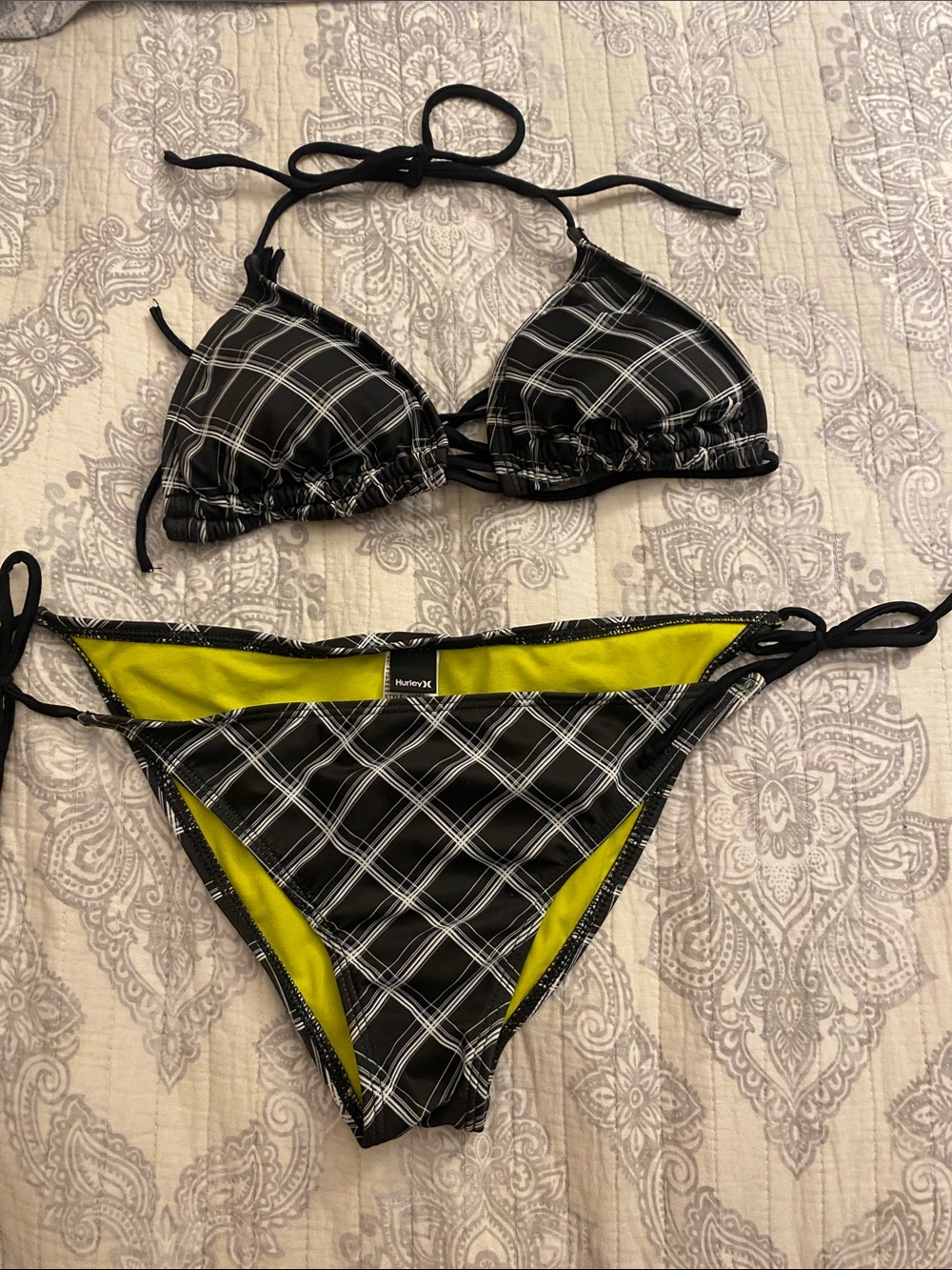 Hurley Black Plaid Triangle Bikini with Yellow Lining